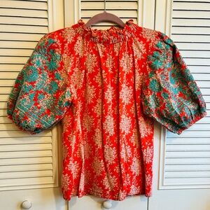 THML Red Floral Puff Sleeve Blouse with Teal Accents